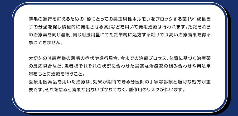 薄毛の進行を抑えるための「髪にとっての悪玉男性ホルモンをブロックする薬」や「成長因子の分泌を促し積極的に発毛させる薬」などを用いて発毛治療は行われます。ただそれらの治療薬を同じ濃度、同じ用法用量にてただ単純に処方するだけでは高い治療効果を得る事はできません。大切なのは患者様の薄毛の症状や進行具合、今までの治療プロセス、体質に基づく治療薬の反応具合など、患者様それぞれの状況に合わせた最適な治療薬の組み合わせや用法用量をもとに治療を行うこと。医療用医薬品を用いた治療は、効果が期待できる分医師の丁寧な診察と適切な処方が重要です。それを怠ると効果が出ないばかりでなく、副作用のリスクが伴います。