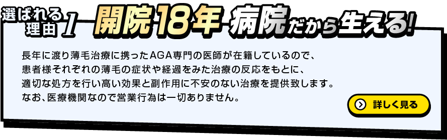選ばれる理由1 開院18年 病院だから生える！長年に渡り薄毛治療に携わったAGA専門の医師が在籍しているので、患者様それぞれの薄毛の症状や経過をみた治療の反応をもとに、適切な処方を行い高い効果と副作用に不安のない治療を提供致します。なお、医療機関なので営業行為は一切ありません。詳しく見る