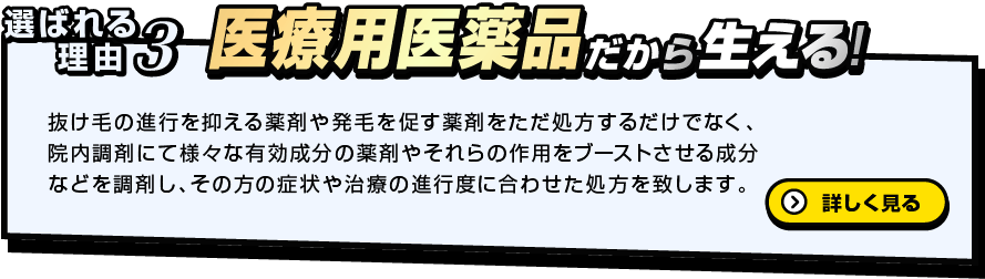 選ばれる理由3 医療用医薬品だから生える！抜け毛の進行を抑える薬剤や発毛を促す薬剤をただ処方するだけでなく、院内調剤にて様々な有効成分の薬剤やそれらの作用をブーストさせる成分などを調剤し、その方の症状や治療の進行度に合わせた処方を致します。詳しく見る