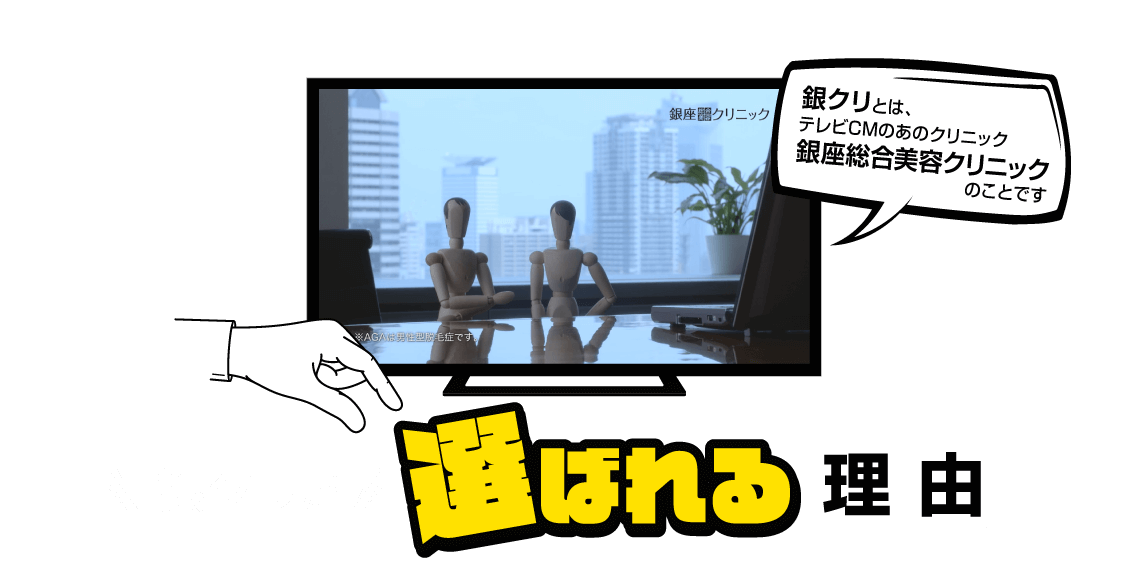 銀座総合クリニック ※AGAは男性型脱毛症です 銀クリとは、テレビCMのあのクリニック 銀座総合美容クリニックのことです 銀クリが選ばれる理由