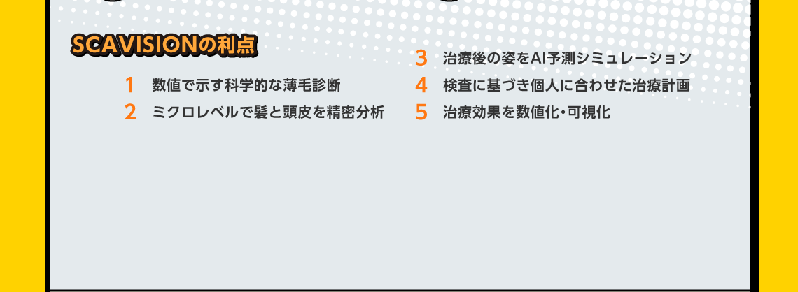 SCAVISIONの利点 1 数値で示す科学的な薄毛診断 2 ミクロレベルで髪と頭皮を精密分析 3 治療後の姿をAI予測シミュレーション 4 検査に基づき個人に合わせた治療計画 5 治療効果を数値化・可視化